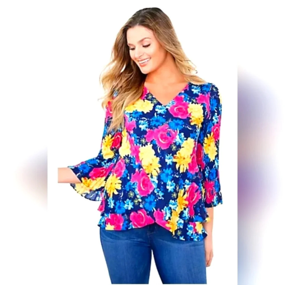 Laurie Felt Colorful Layer Blouse Pleated Bell Sleeve Navy Floral Size Small